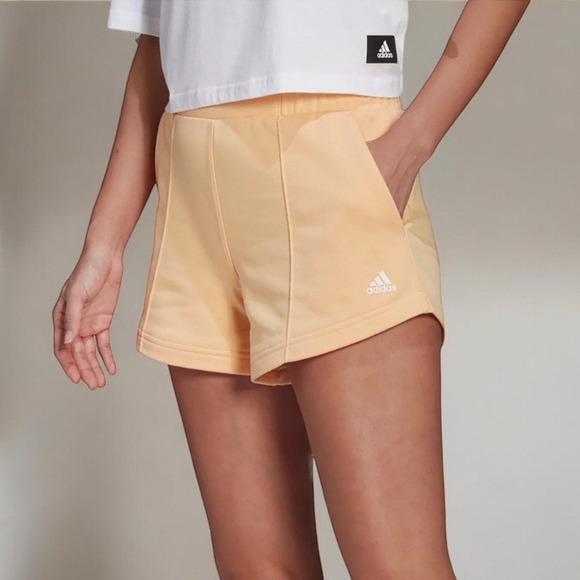 Adidas Women's French Terry Wide Band Athletic Cotton Blend Shorts Orange XL NWT - Picture 1 of 8